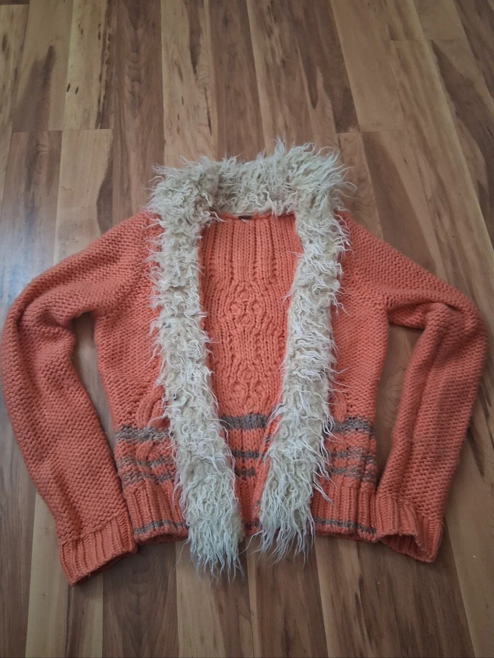 Free People Coral Knit Cardigan with Cream Faux-Fur Trim